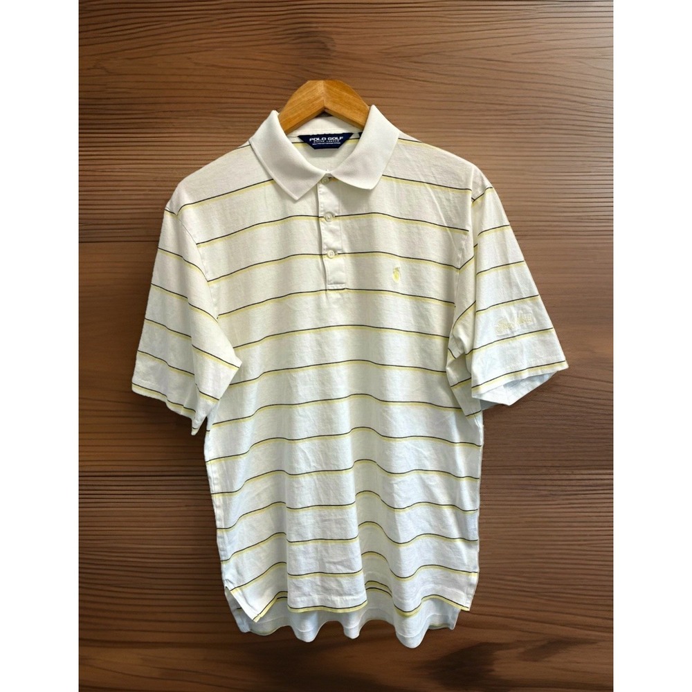 EUC Polo Golf Ralph Lauren Men's M Polo Shirt White Striped Yellow Pony Classic